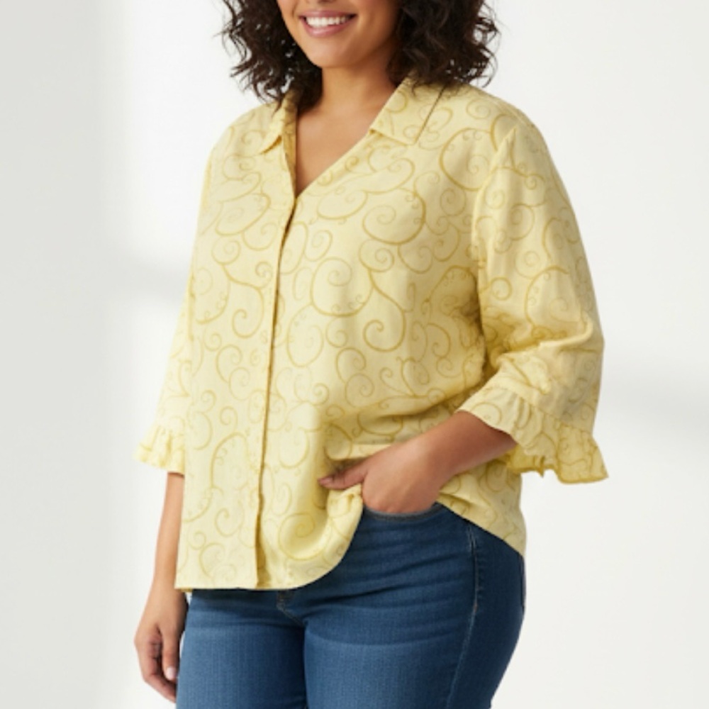 Maggie Barnes Butter Yellow Scroll Flare Ruffle Sleeve Button Up Blouse Size 4X